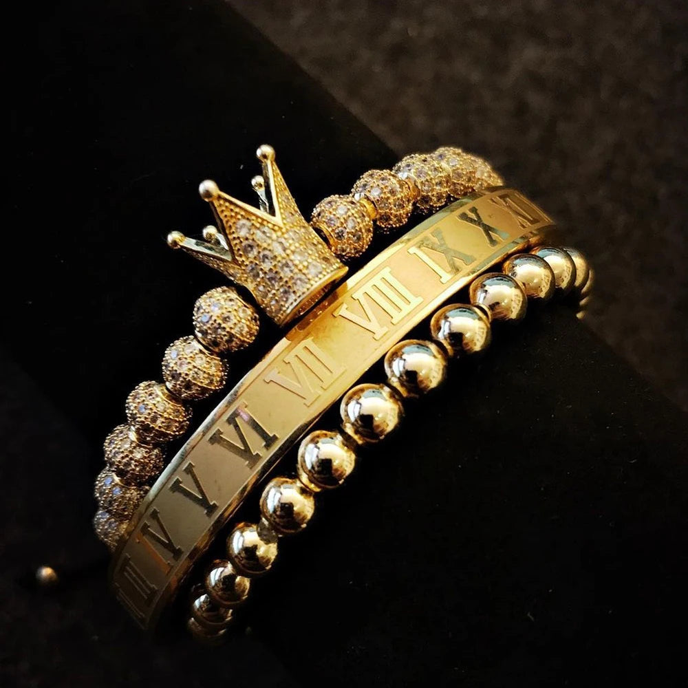 Gold Roman Numeral Crown Hand-Woven Men's 4MM Copper Beads Bracelet Luxurious CZ King Crown Ball Jewelry
