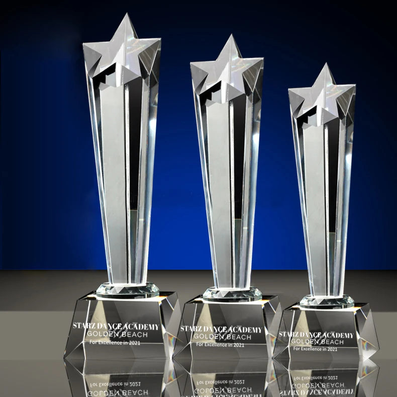 PuJiang Wholesale K9 Blank Crystal Trophy Awards Custom 3d Laser Engrving Hand Made Gift Box Trophies Badminton Trophy Sport