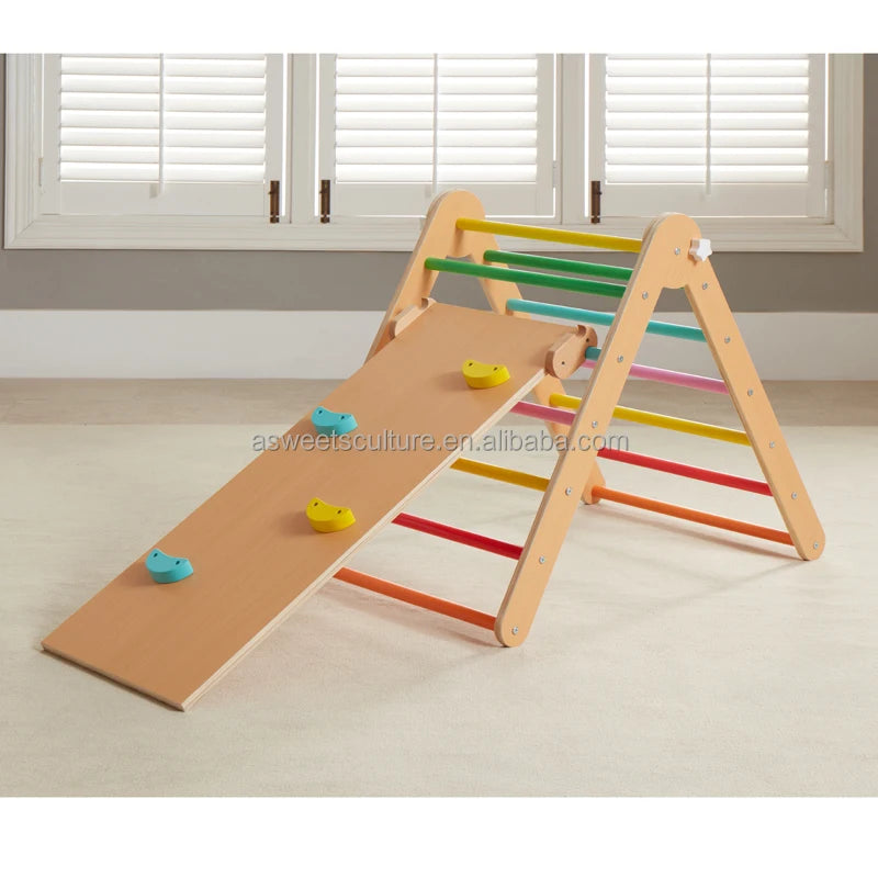 Asweets Montessori Color Wooden Climbing Triangle with Ramp Transformable Folding Indoor Gym Playground Climber Frame for Kid