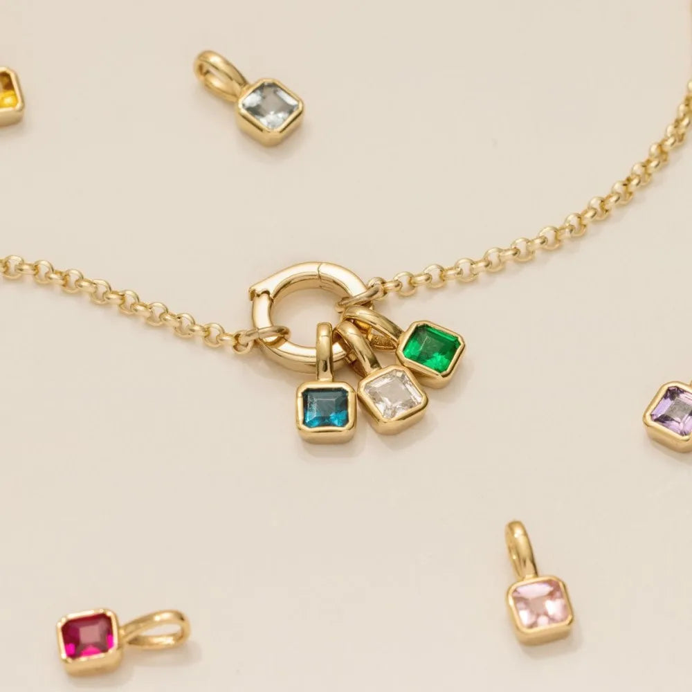 DIY 18K Yellow Gold Colorful 12 Birthstone Detachable Gem Stone Necklace Women's Square Zircon Pendant for Charm Accessories