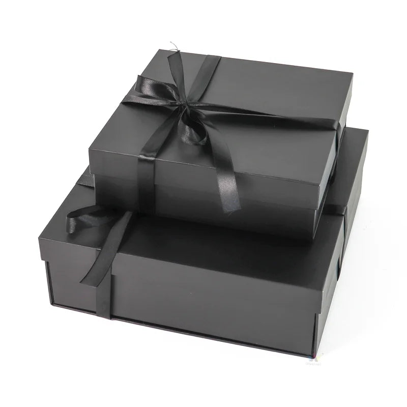 Glossy Black Collapsible Cardboard Rigid Gift Boxes with Embossing Recyclable Luxury Wedding Anniversary Invitation Packaging