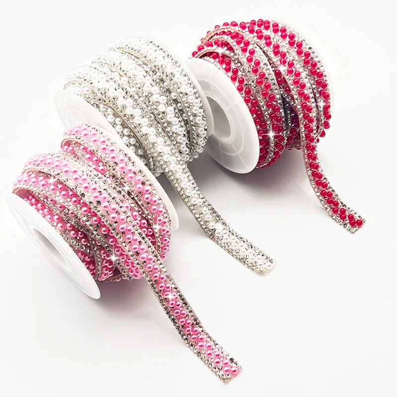 Self-Adhesive 3mm Ceramic Pearl Tape Crystal Trim Rhinestone Strips for Clothing Bags Shoes and Craft
