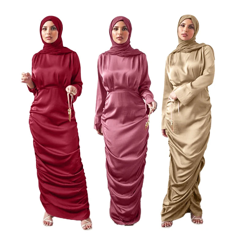 MANNI Pleated Satin Kaftan Muslim Dress Long Islamic Women Modest Wear Clothing EID Robes