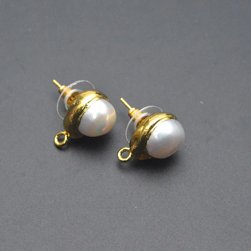 24K Gold Color Plating Natural White Freshwater Pearl Earring Stud Fit Dangle Earrings Making Jewelry Findings & Components
