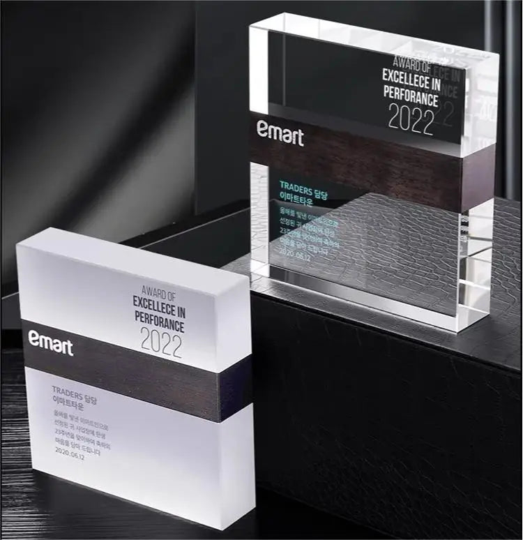Custom Engraved Rectangle clear and Frosted Crystal Glass Plaques with Wooden Trophy MH-NJ0307
