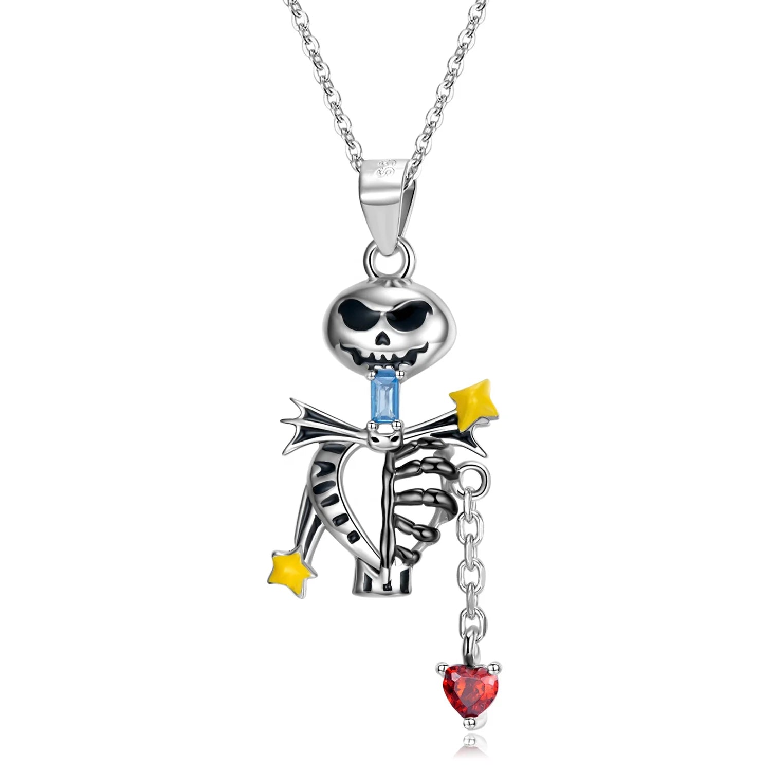 Openwork Skull Skeleton Necklace Pendant with Red CZ Real 925 Sterling Silver Charm Pendant Enamel Jewelry for Women Necklace