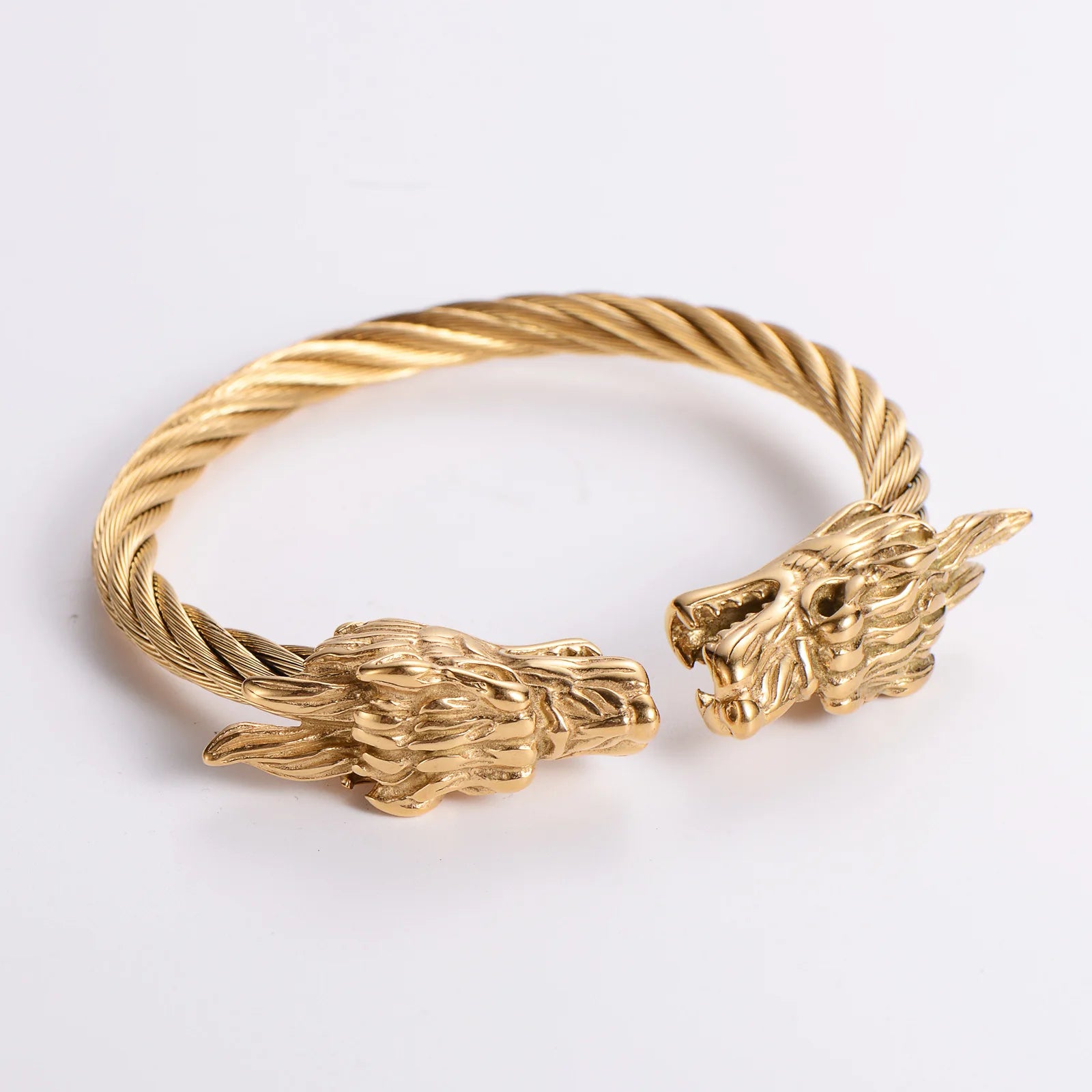 Vintage Stainless Steel Cable 18k Gold Plated Cuff Bangle Dragon Bracelet for Men