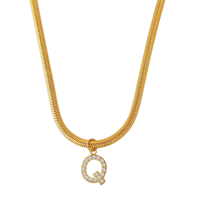Fashion Stainless Steel Alphabet 26 Letter Pendants 18k Gold Plated Delicate Full Zircon Letter Snake Chain Necklace