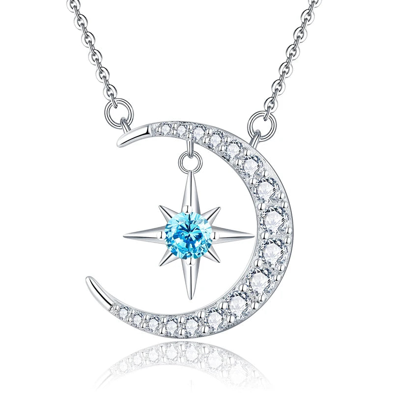 YILUN Celestial 925 Sterling Silver Starry Sky Moon Pendant Necklace With Blue CZ Diamond