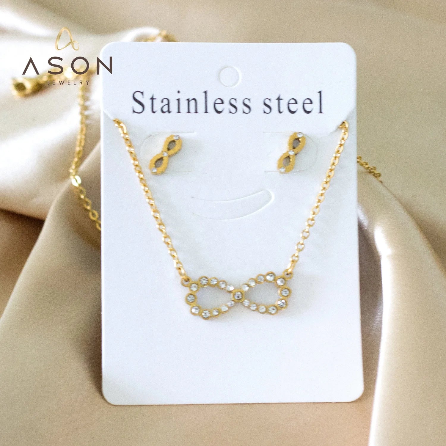 Ason Custom Fashion Zircon Gold Stainless Steel Necklaces Earrings Women Jewelry Combo Ladies Bridesmaid Jewelry Set for Wedding