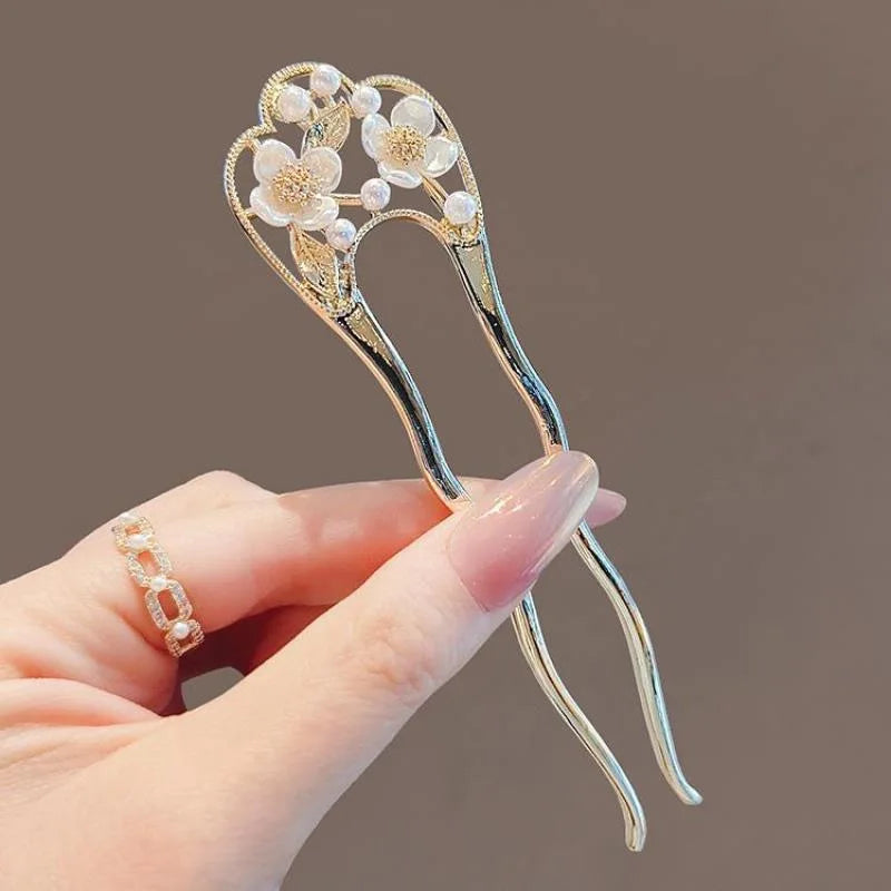 Exquisite U-Shaped Rhinestone Flowers Hair Pins Braided Hair Accessories for Women Unique Hair Forks