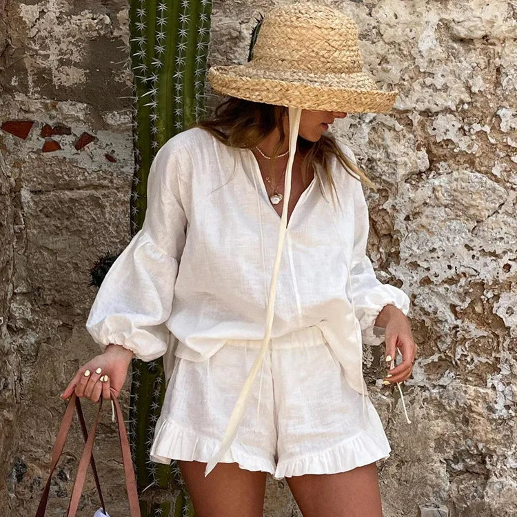Enyami Custom Resort Wear Casual Summer Autumn 2 Piece Cotton Shirt Blouse Ruffles Shorts Two Piece Co Ord Sets Women