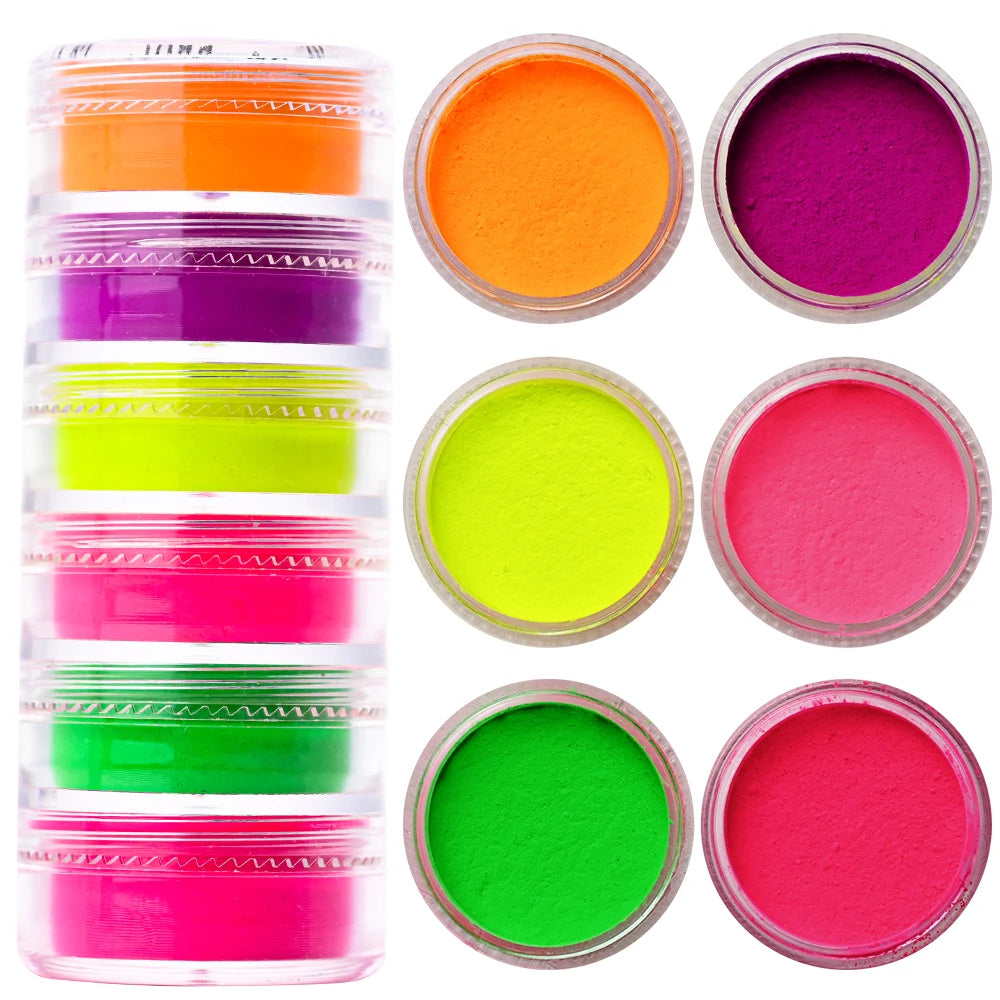 6Box/Set Neon Pigment Nails Powder Set Gradient Fluorescence Glitter Dust Neon Halo Powder for Manicure Nail Art Decorations