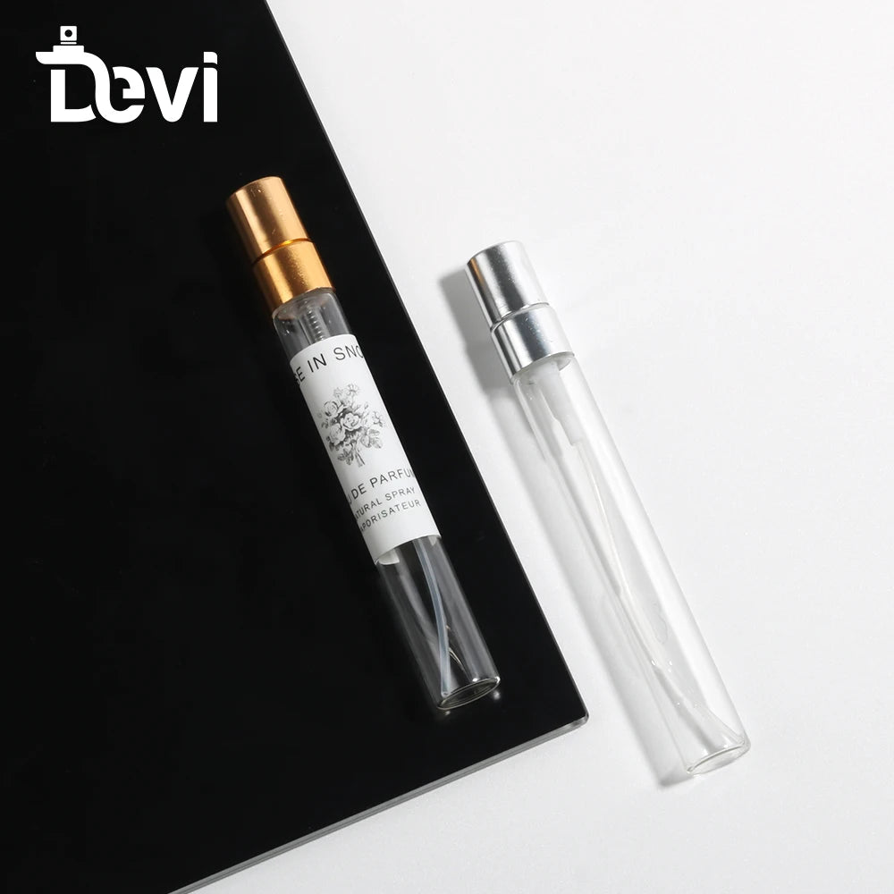 Devi Wholesales OEM/ODM Elegant Cylinder Perfume Bottles 10ml Luxury Empty Glass with Screen Printing Carton Packaging