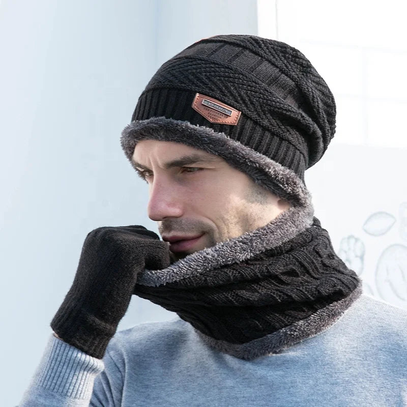 New Fashion Winter Warm Knitted Suit Wool Thickened 3pcs Set Beanie Hat Touch Screen Gloves Scarf
