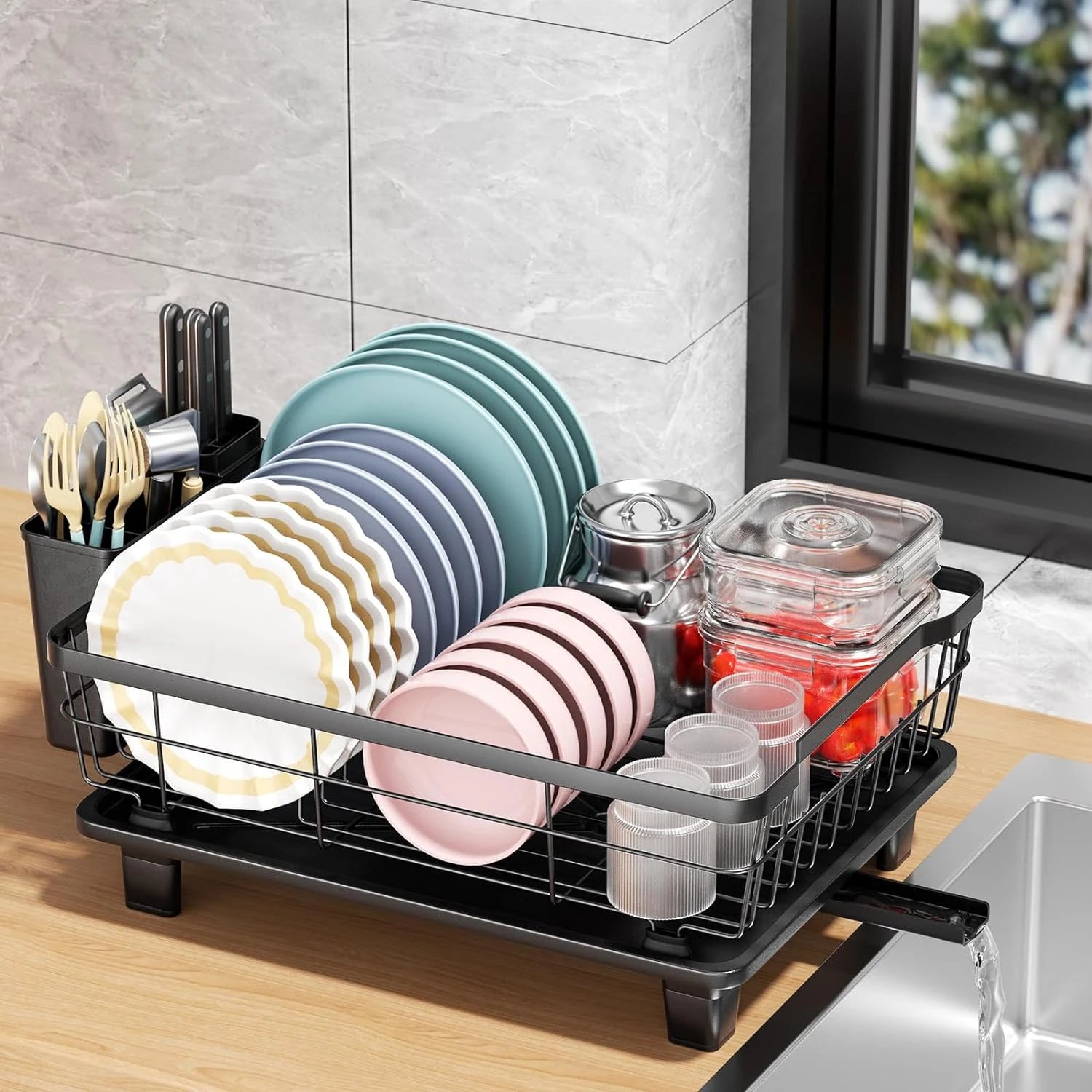 Drying Rack With Drain Plate for Kitchen Counter Iron Non-rust Resistant Dish Rack With Detachable Cutlery Box Dish Rack