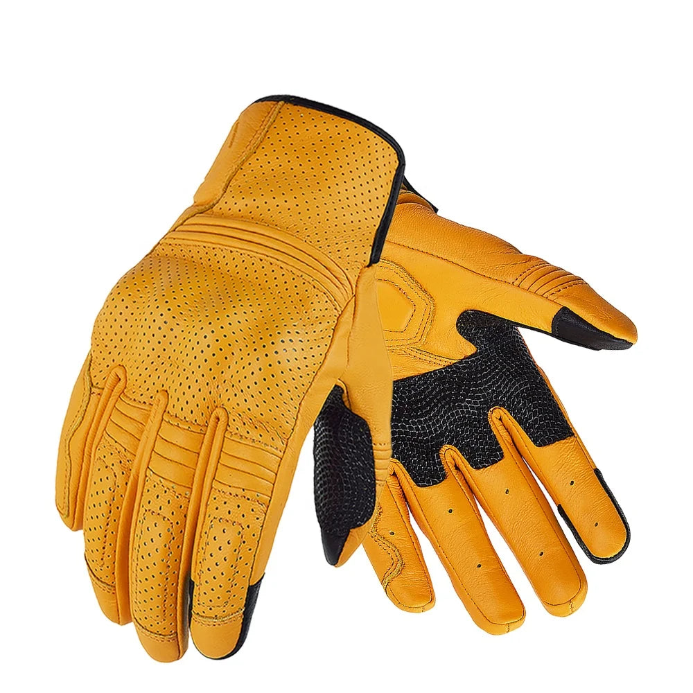 Vintage Motorcycle Gloves Full Protection Retro Yellow Leather Motocross Gloves Touch Screen Motorbike Biker MX Gloves Anti-drop