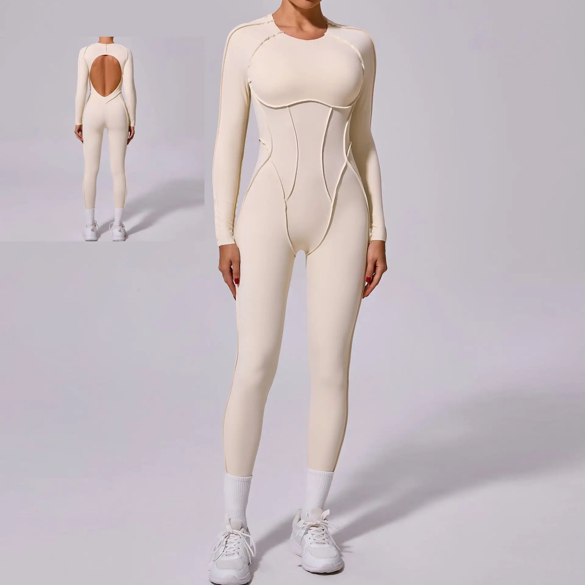 2025 New Sports Women's Beige Gym Jumpsuit Bodysuit Long Pants Long Sleeves Three-Dimensional Splicing Wiring Long Neck