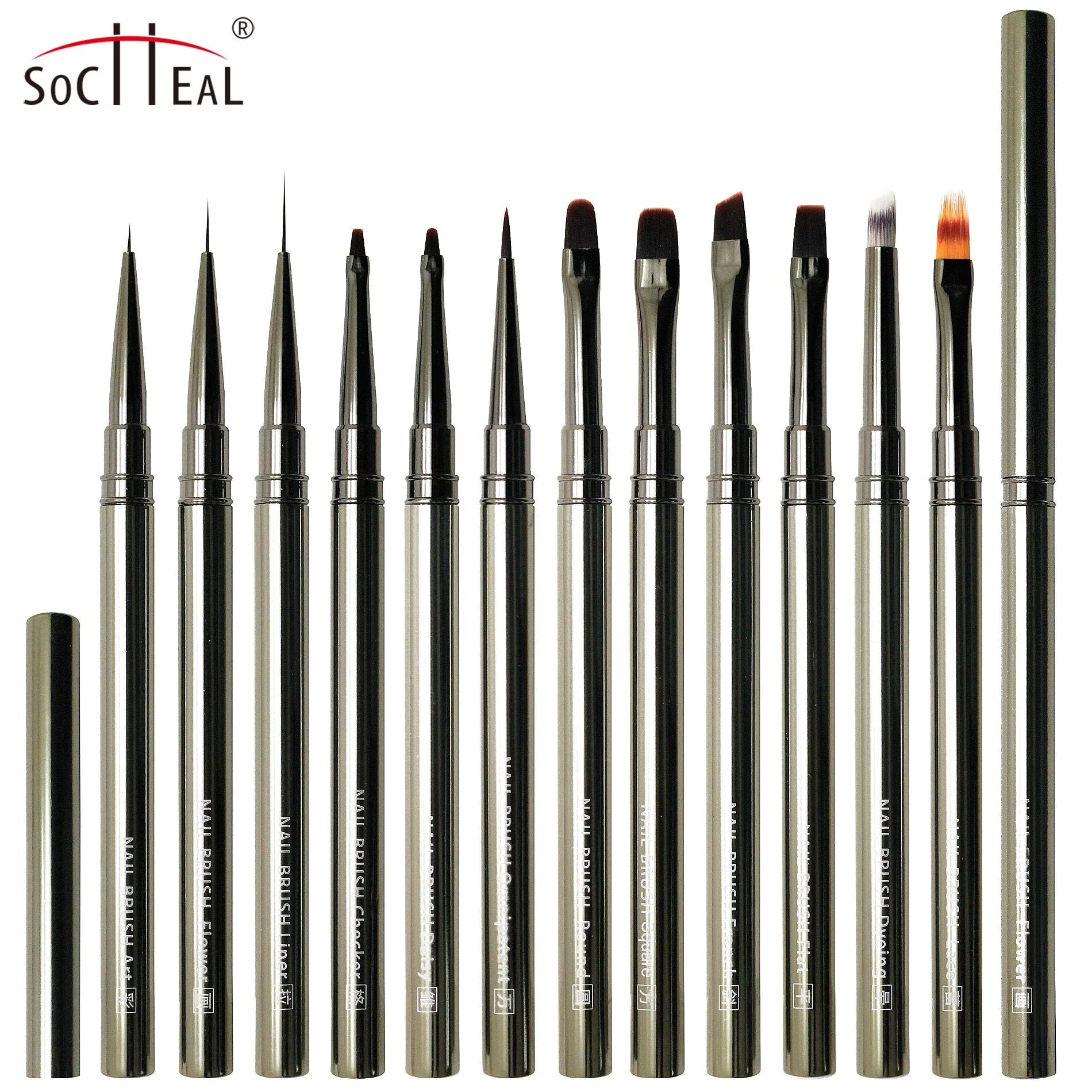YALIXIN Custom Manicure Thin Paint Liner Acrylic Nail Art Brush Private Label OEM Kolinsky/Nylon Hair Flat/Oval Metal Handle
