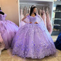 Lilac Lavender Princess Quinceanera Dresses Pretty Cape Puffy Lace-up Sweet 15 Dress Graduation Prom Gowns MQ368