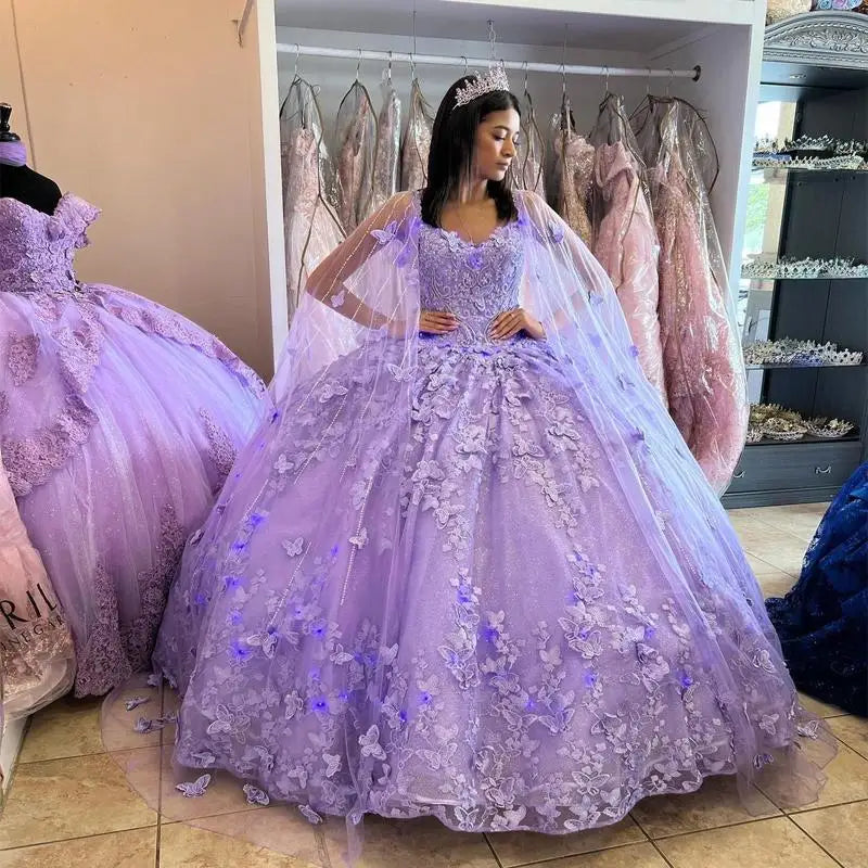 Lilac Lavender Princess Quinceanera Dresses Pretty Cape Puffy Lace-up Sweet 15 Dress Graduation Prom Gowns MQ368