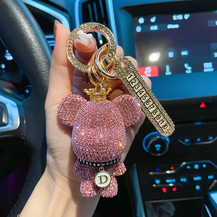 Luxury Letter studded Diamond Bear Keychain Anti Loss Telephone Number Plate Key Ring Rhinestone Teddy Bear Pendant Key Holder