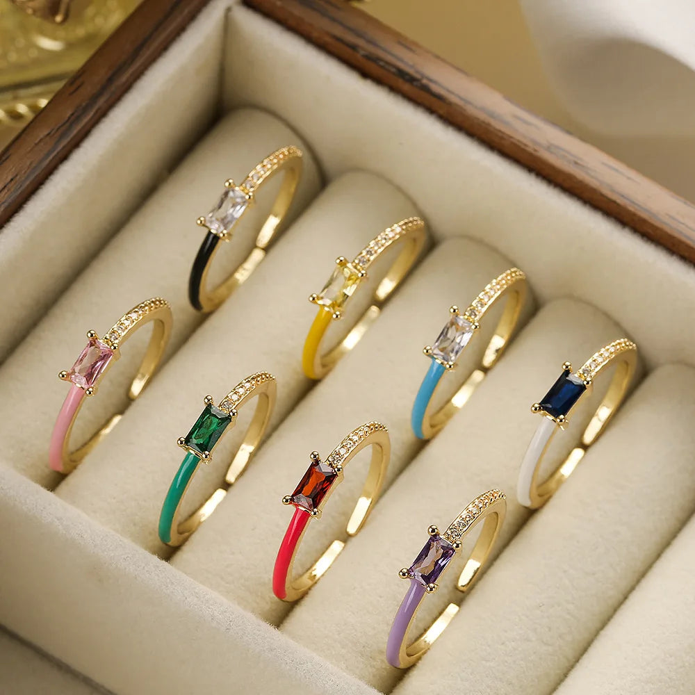 Simple Brass Rectangular Colorful Enamel Zircon Ring 18K Gold  Opening Adjustable Finger Ring for Women Everyday