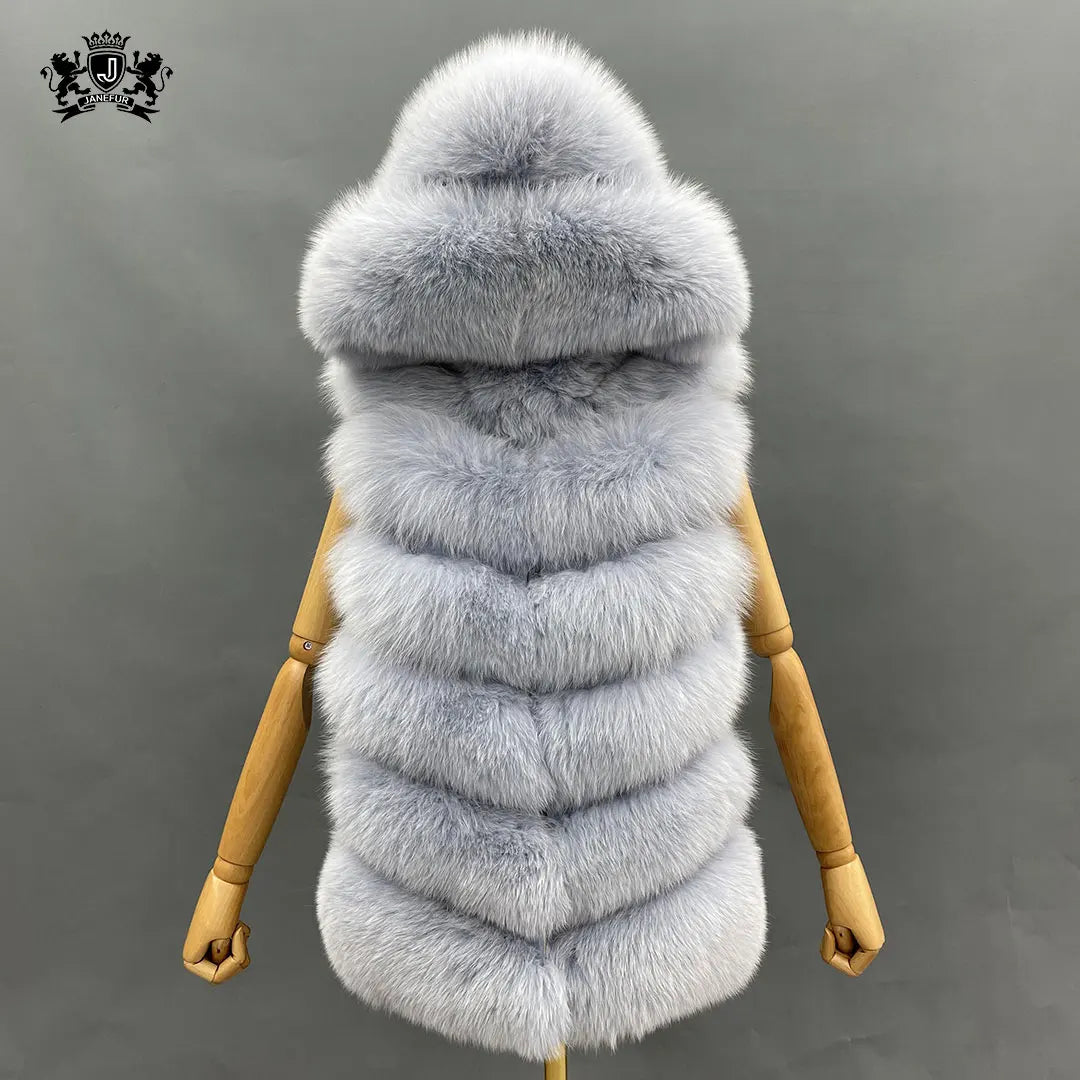 Janefur Luxury Hooded Furry Coat Outdoor Warm Elegant Beautiful Fluffy Jacket Custom Winter Woman Fox Fur Vest