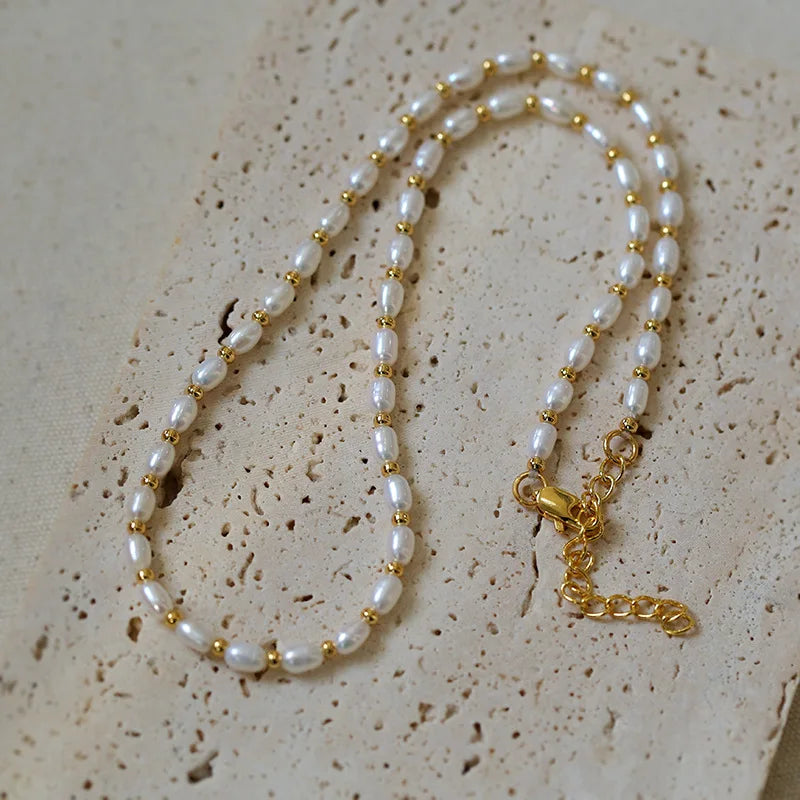 Zooying Freshwater Pearl Gold Bead Necklace Fine Jewelry Real Gold Filled Bead Tiny Pearl Necklace