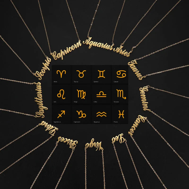 Latest Stainless Steel Zodiac Sign Pendant Letter Necklace Custom Charm Gold Plated 12 Zodiac Name Letter Necklace Women MegaBDM