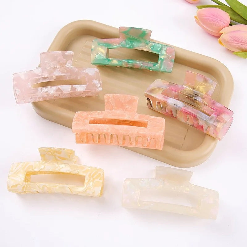 Elegant Matte Marble Pattern Square Acetate Hair Claw Clips 8.5cm Length for Girls' Hair Styling Perfect Gift