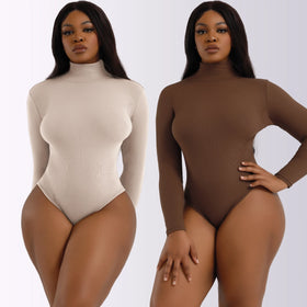 Autumn Winter Ladies Long Sleeve Turtle Neck Jumpsuit Solid Color Black High Cut Bodysuit for Women