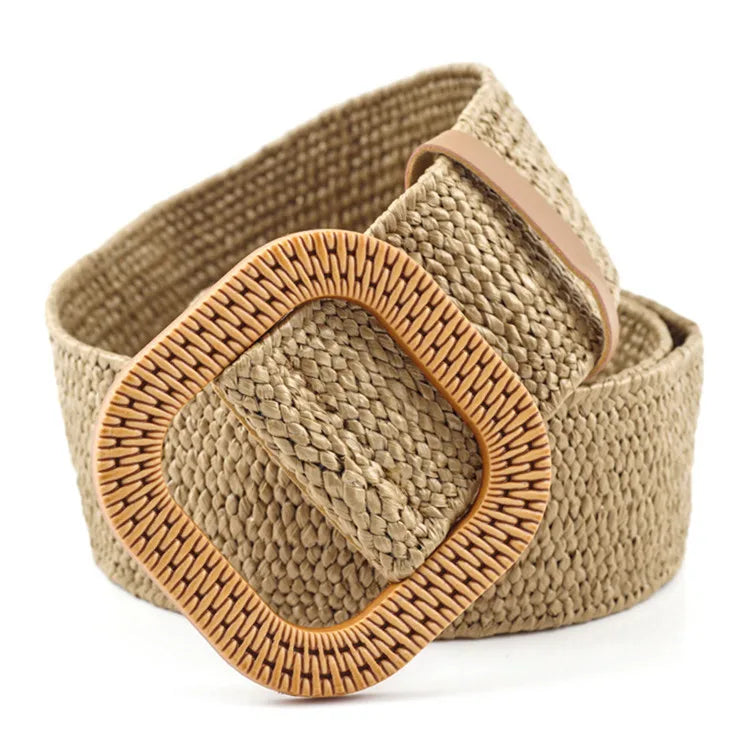 Fashion Simulation Straw Woven Elastic Stretch Waist Belt Women Skinny Dress Belt Wooden Style Buckle Waist Dress Belt