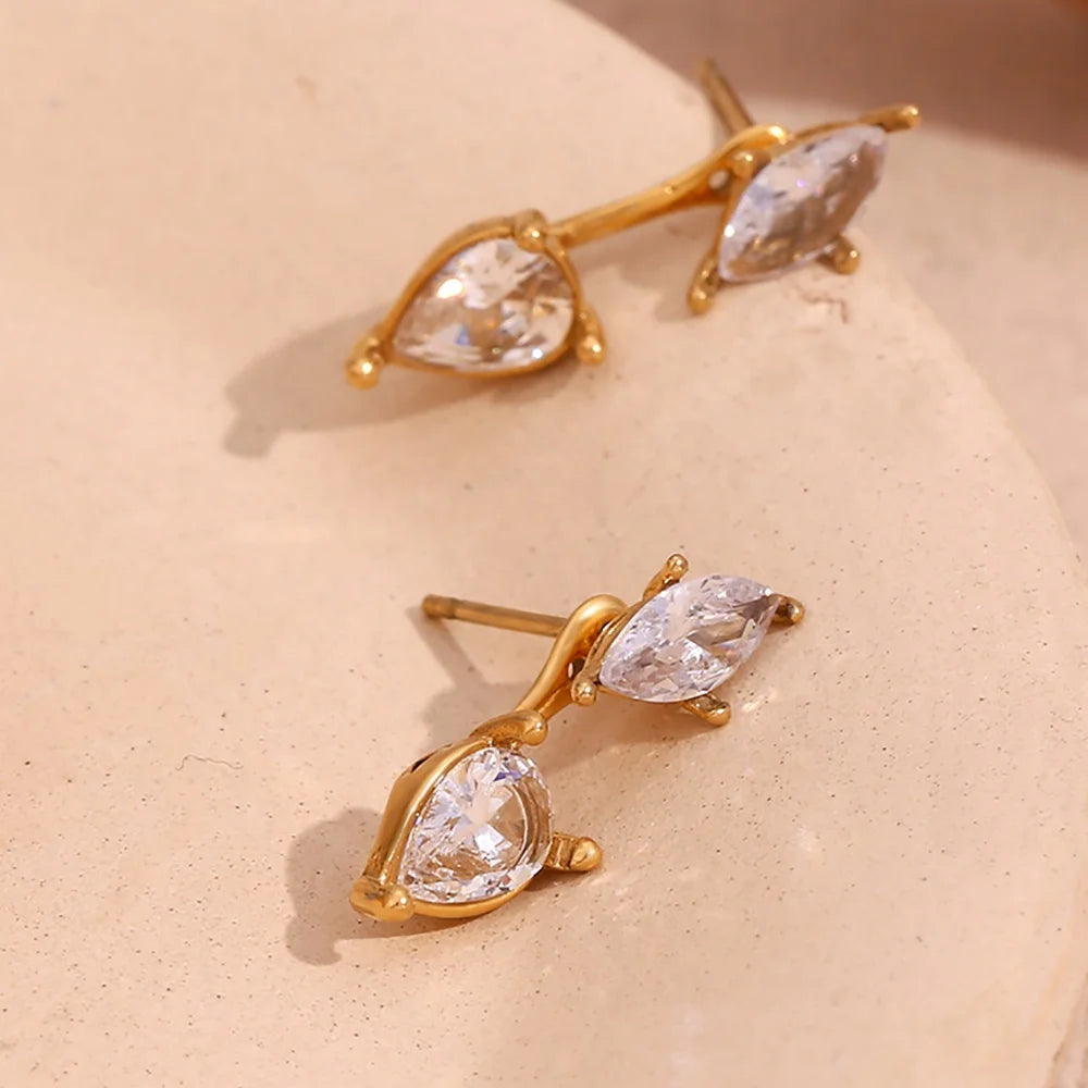 Dainty Water Drop Stud Earrings for Women Shining Horse Eye Zircon Earrings Gold Plated Stainless Steel Jewelry