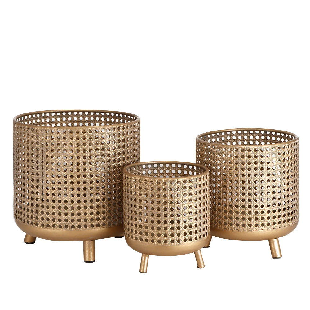 Set of 3 Gold Decorative Flower Pot Vintage Design Round Planter Indoor Large Metal Flower Pot