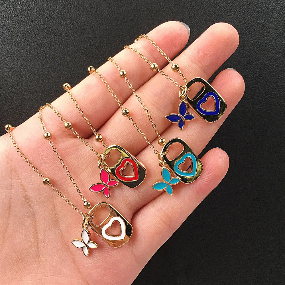 New Gold Plated Butterfly Pendant Charm Necklace Stainless Steel Chain Dripping Oil Butterfly Heart INS Fashion Necklaces