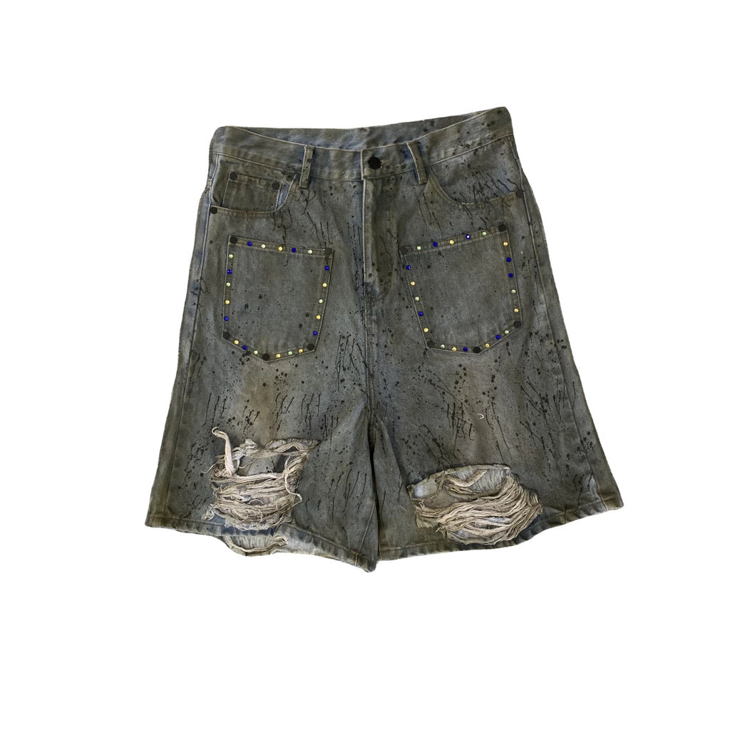 DENIMGUYS 2024 Fashion Men's Ripped Jeans Shorts Custom Spray Paint Dirty Mud Washed Distressed Denim Shorts