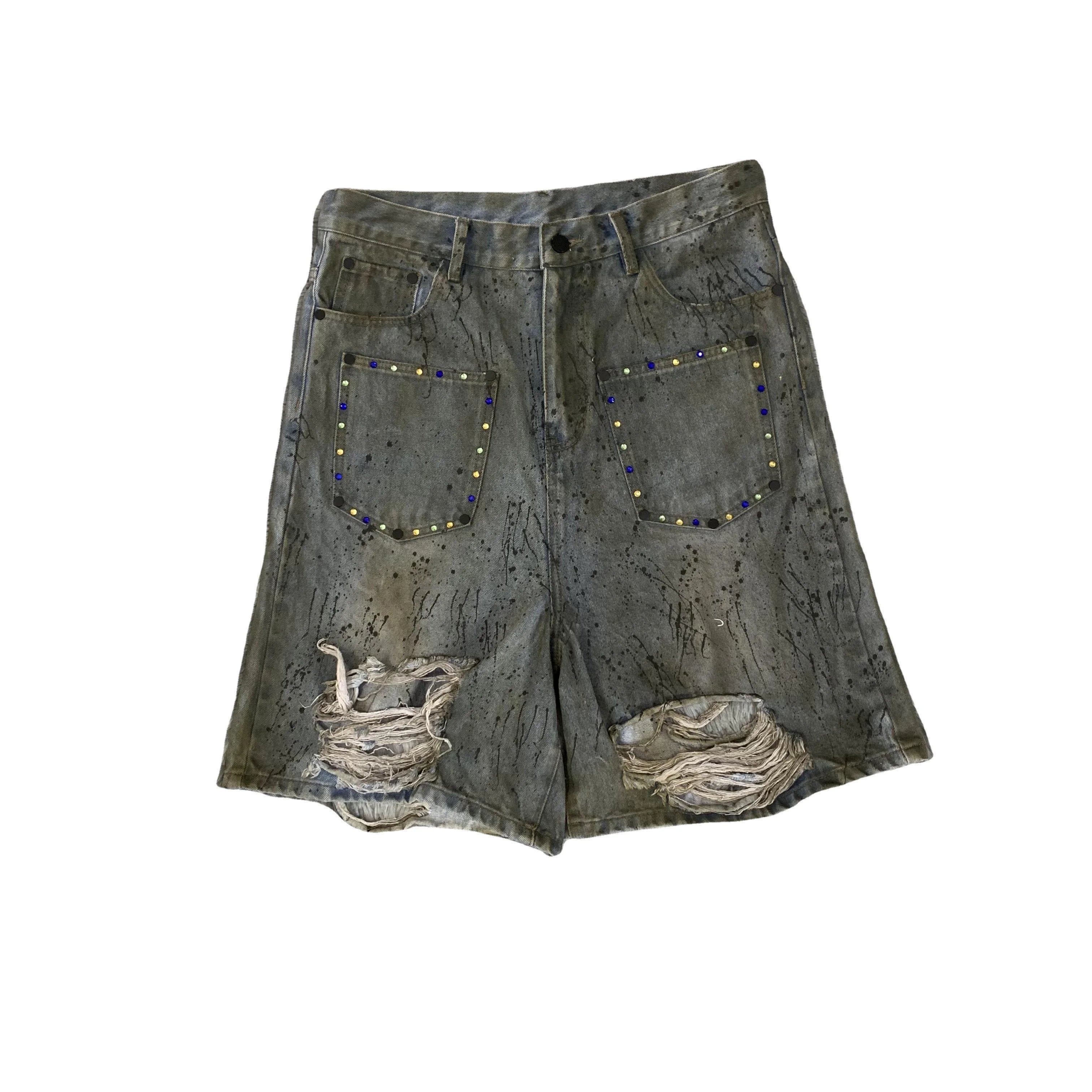 DENIMGUYS 2024 Fashion Men's Ripped Jeans Shorts Custom Spray Paint Dirty Mud Washed Distressed Denim Shorts