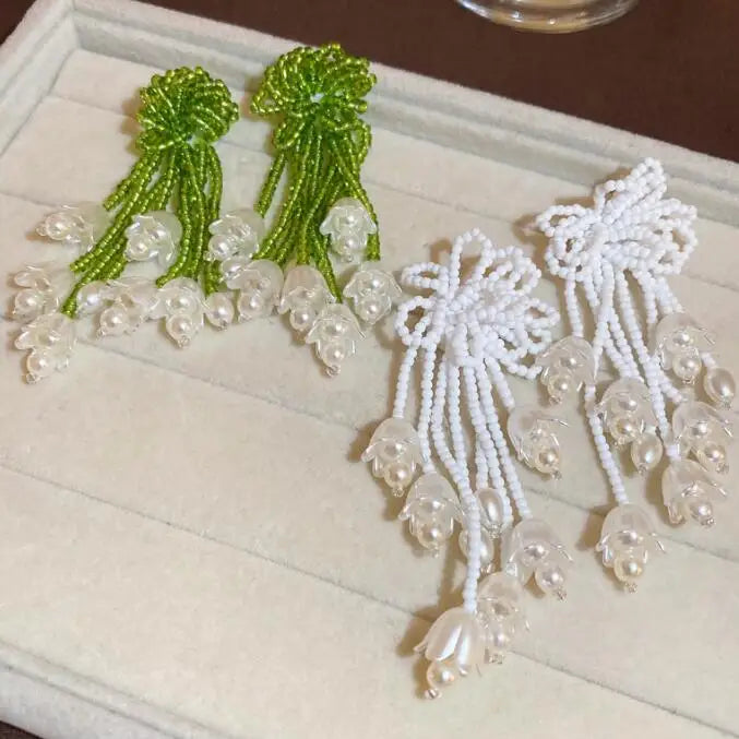 Kaimei 2022 Earring Fashion Jewelry Pearl Lily Rice Bead Tassel Earrings Sweet Multi Layer Big Flower Beaded Boho Earrings Women