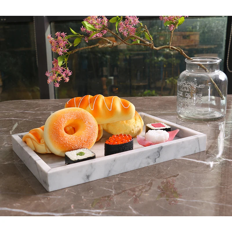 Custom Rectangular White Marble Serving Tray for Restaurant Hotel and Home Decoration