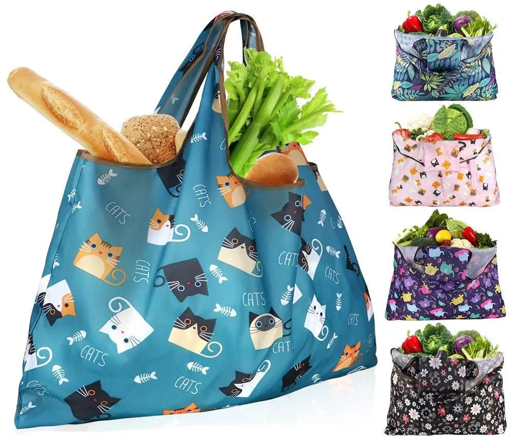 XX-Large Foldable & Washable Polyester Reusable Shopping Bags Heat Transfer Printed Cartoon Pattern Grocery Bags