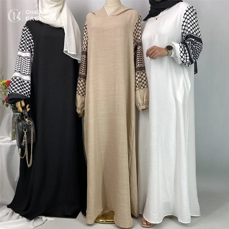 Elegant Soft Abaya Robe With Palestine Keffiyeh Printed Sleeve Detailing Modest Islamic Women Clothing for Ramadan 6827 MegaBDM