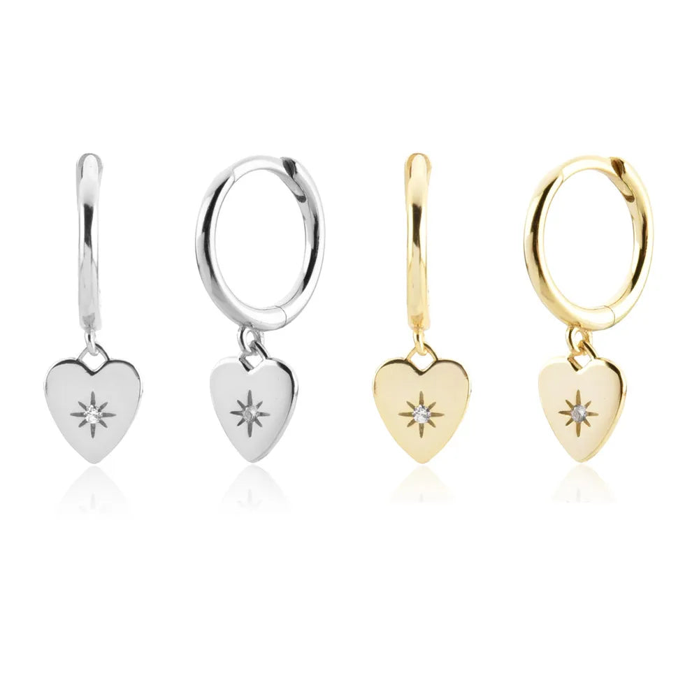 FUAMAY Bohemian Gold Plated Zircon Cute Starburst Heart Pendant Clip Drop Earrings 925 Sterling Silver CZ Halo
