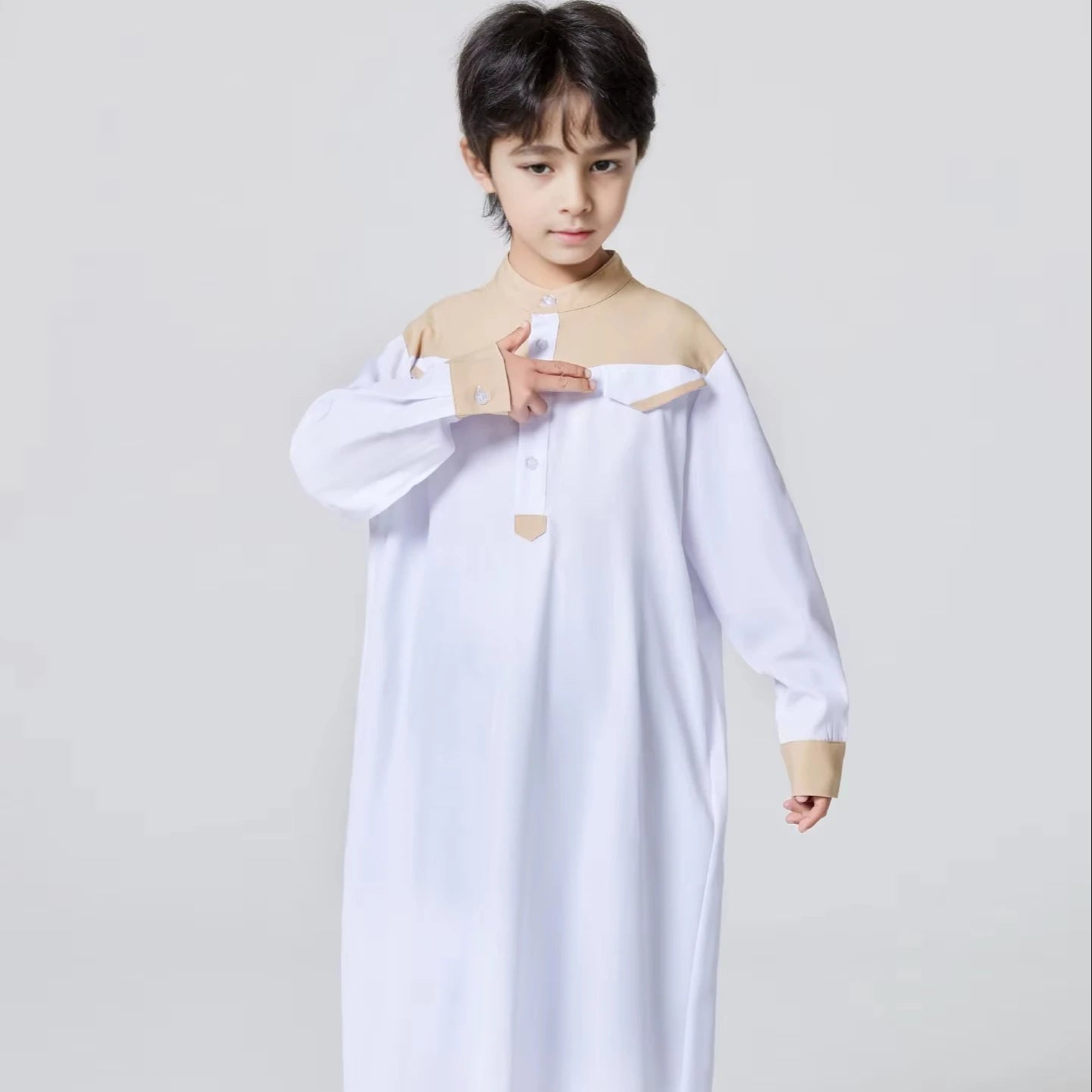 Wholesale Solid Color Moroccan Linen Long Sleeve Maxi Thobe Men Muslim Islamic Clothing Dubai Boys' Patchwork Collar Button Robe