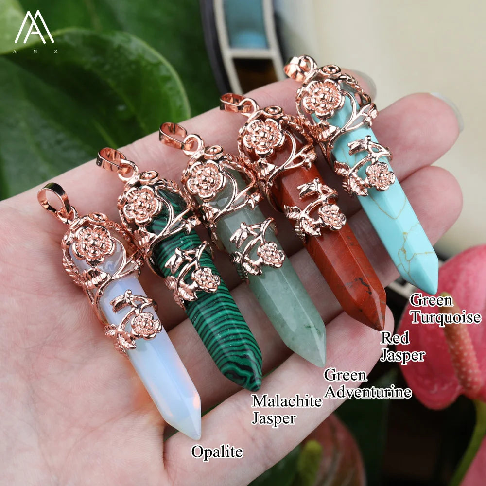 Gemstone Point Pendulum Chakra Pendants Children's Classic Style Rose Gold Plated Natural Gemstone Meditation Healing Jewelry