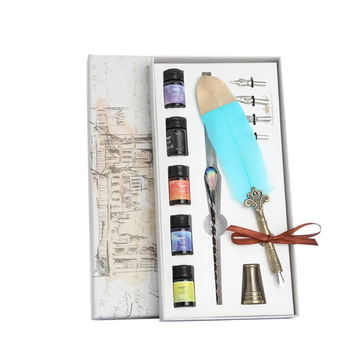 2021 Retro Calligraphy Quill Feather Dip Pen with Nibs Wax Seal Stamp Holder Gift Box for Gift