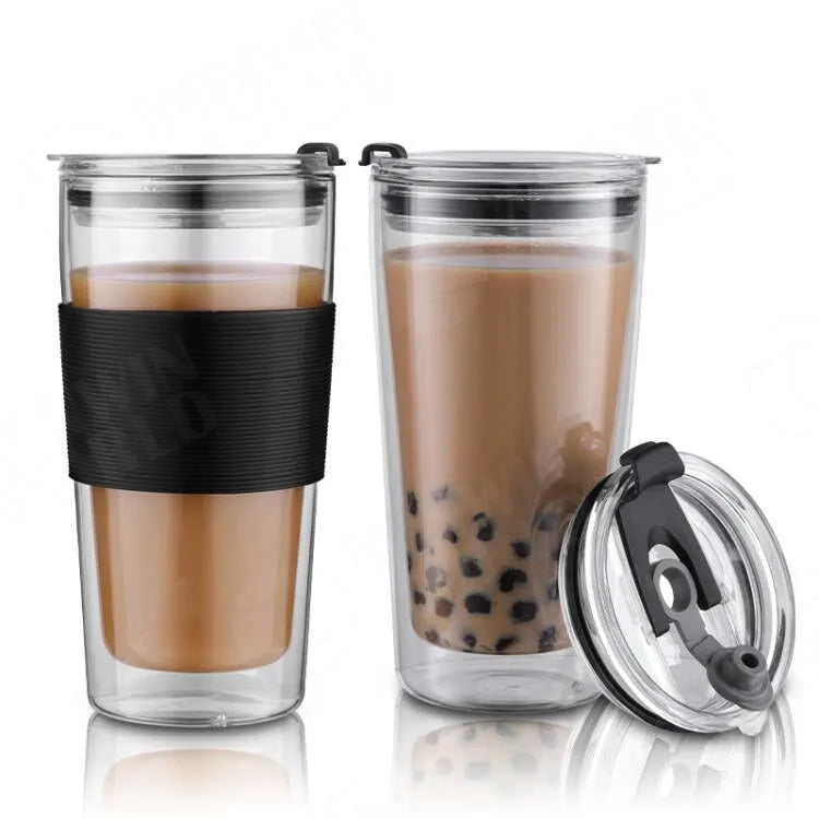 Glass Travel Mug with Silicone SleeveDouble Walled Glass Coffee MugReusable Cup for Hot & Cold