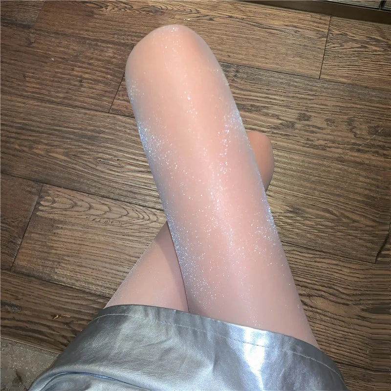 Glitter Shinny Fiber Thin Knitted Breathable One Line Closed Crotch Women Anti-hooking Silver Silk Stocking Pantyhose