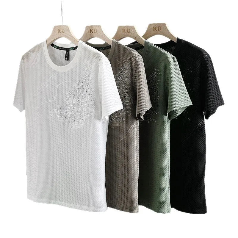 RNSHANGER Summer Dragon Pattern Men's T Shirts Casual Ice Silk Round Neck Short-sleeved T-shirt for Men Casual Versatile Tee