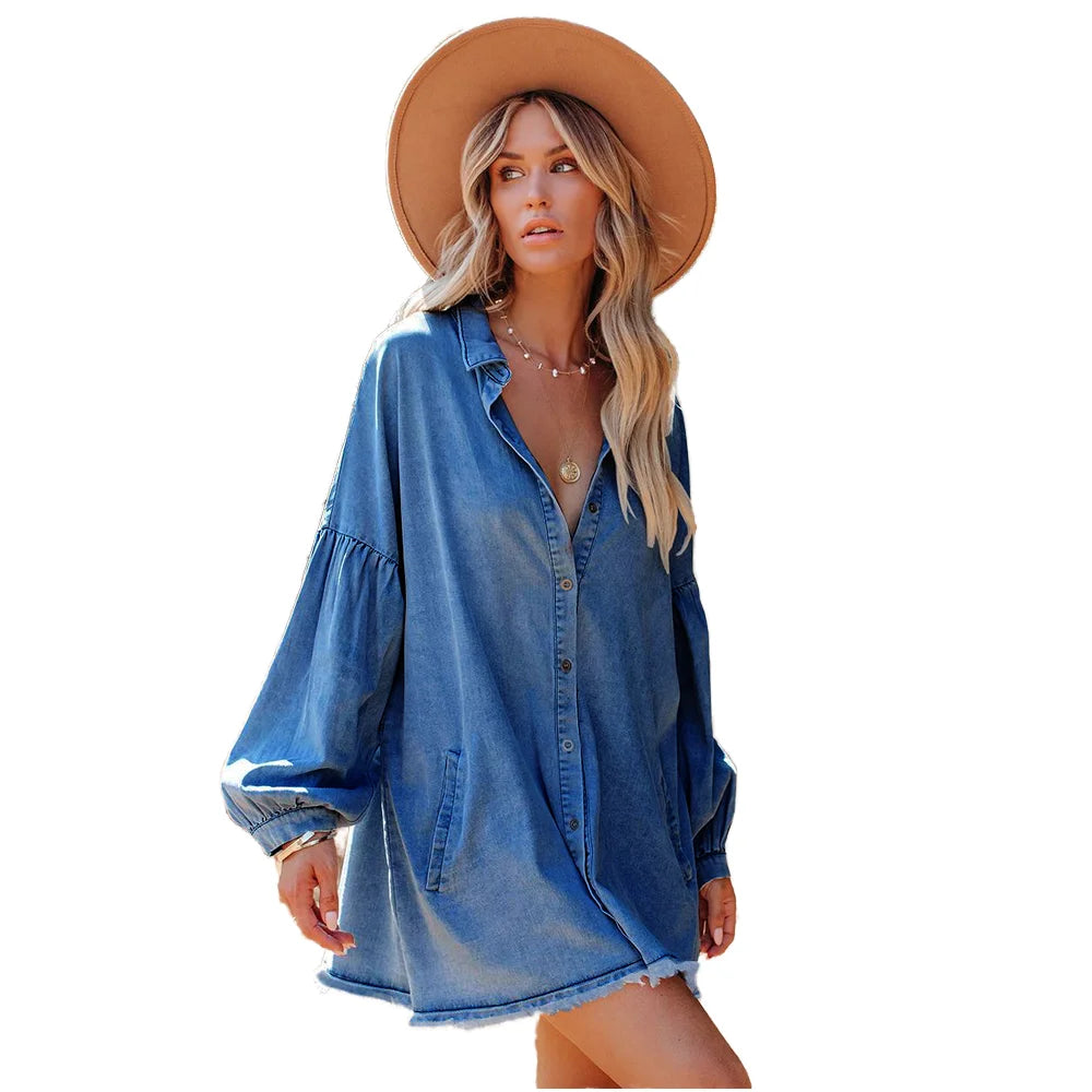Custom New Arrival Womens Denim Shirt Long Sleeve Distressed Cotton t Shirts Midi Dress Women Fall Clothes Ripped Jacket 2022